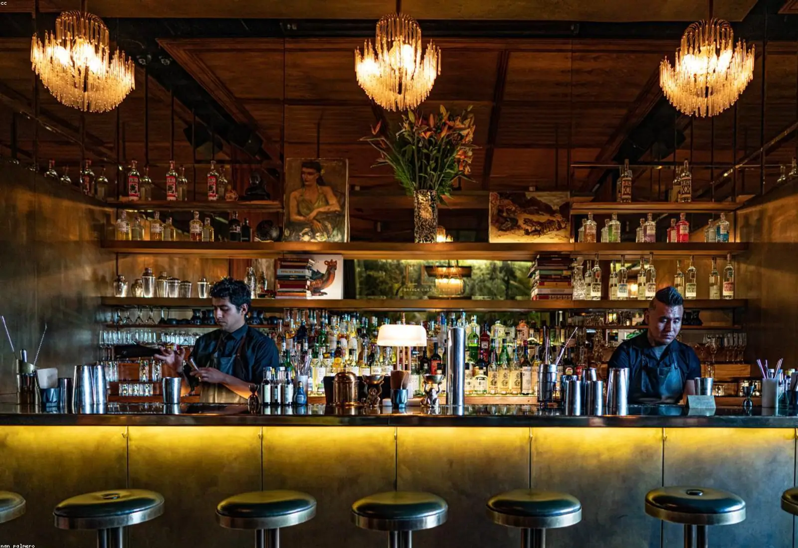 Bartender at work behind a moody, dimly lit cocktail bar