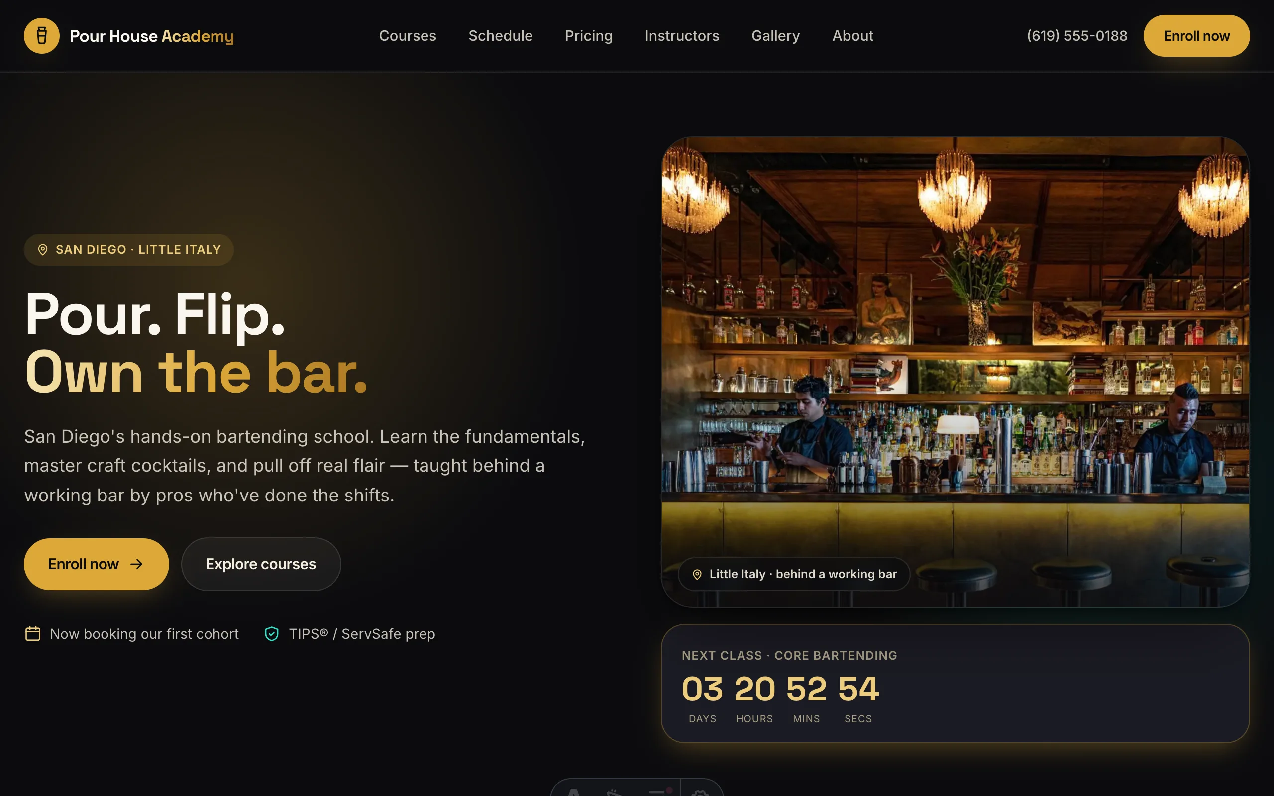 The Pour House Academy homepage hero with booking call-to-action