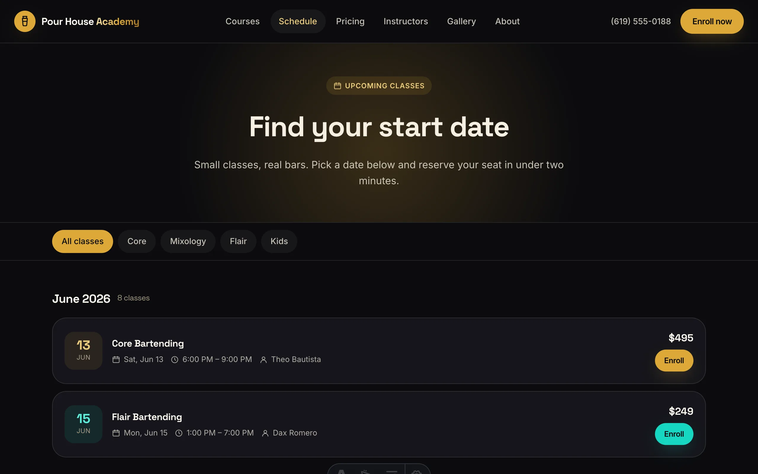 Live class schedule with seats-left counters and enroll buttons